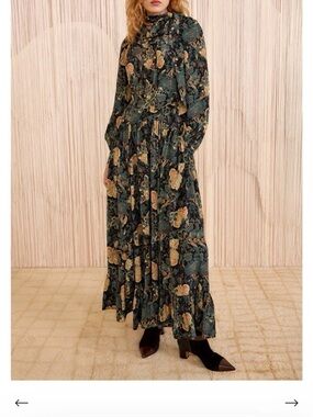 Ulla Johnson Cerce Dark Green Floral Tie-Neck Maxi Dress